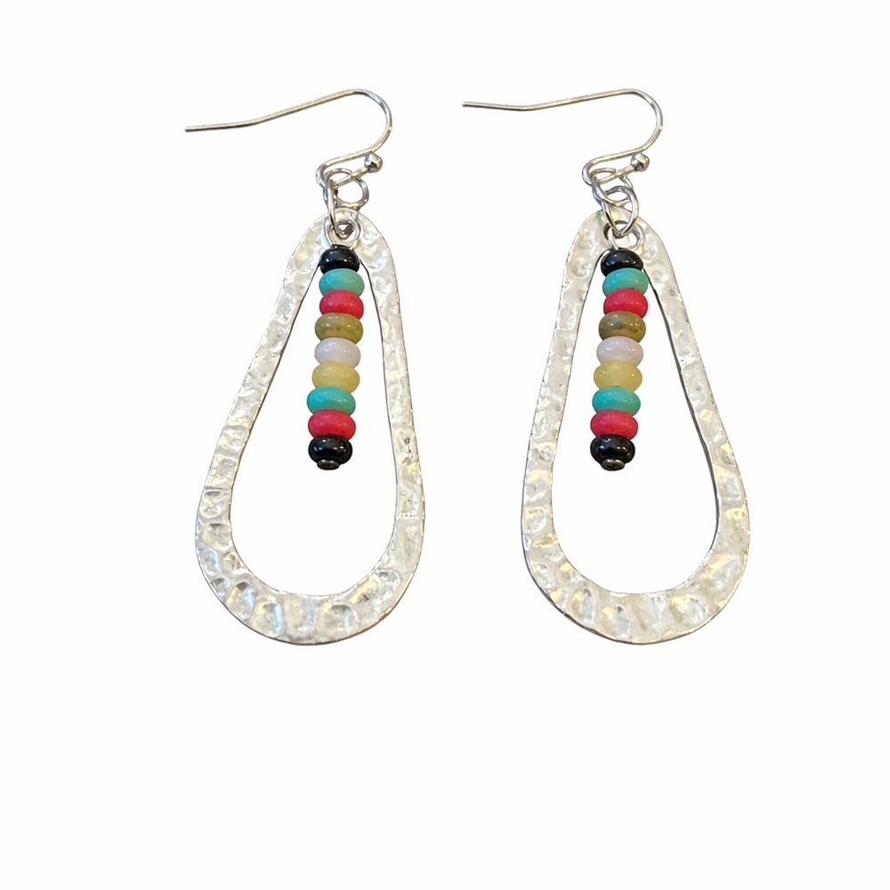 Textured Silver Teardrop Earrings with Multicolor Beads